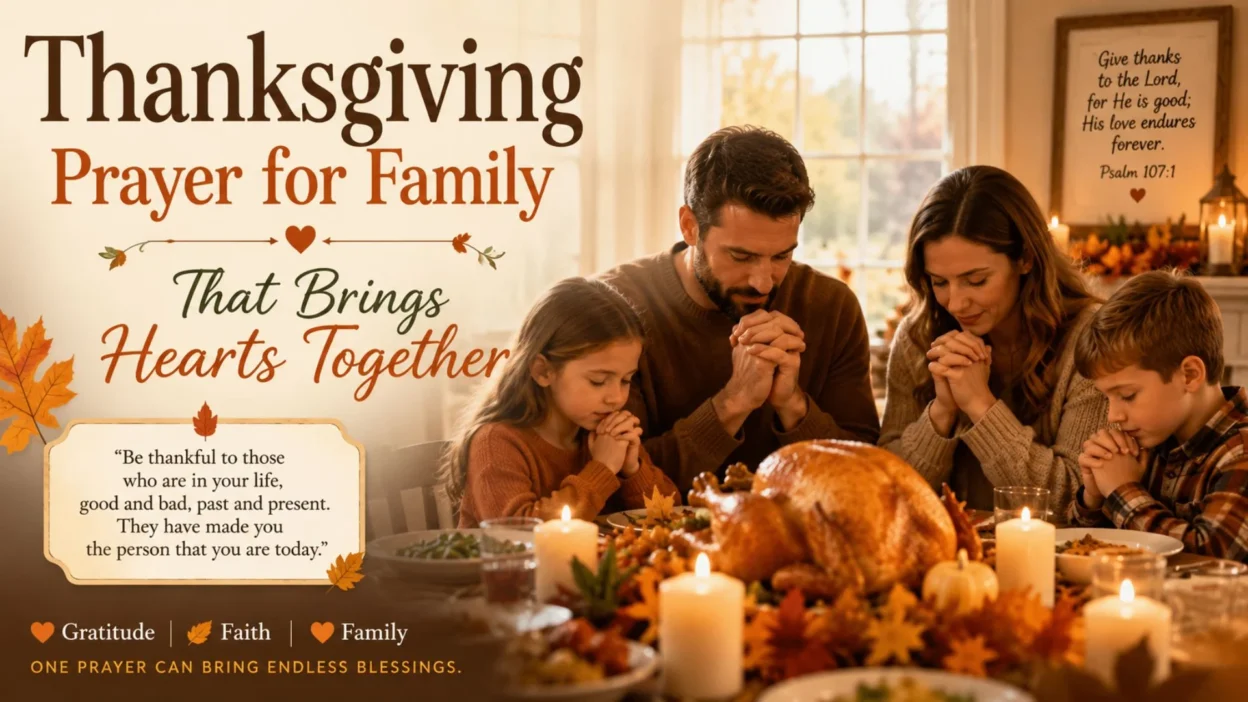 Family gathered around the Thanksgiving table in prayer, sharing gratitude, faith, and love before a festive meal.