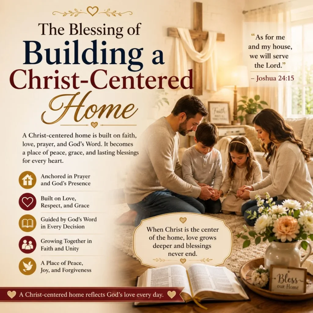 Christian family praying together in a Christ-centered home filled with faith, love, peace, and God's blessings.