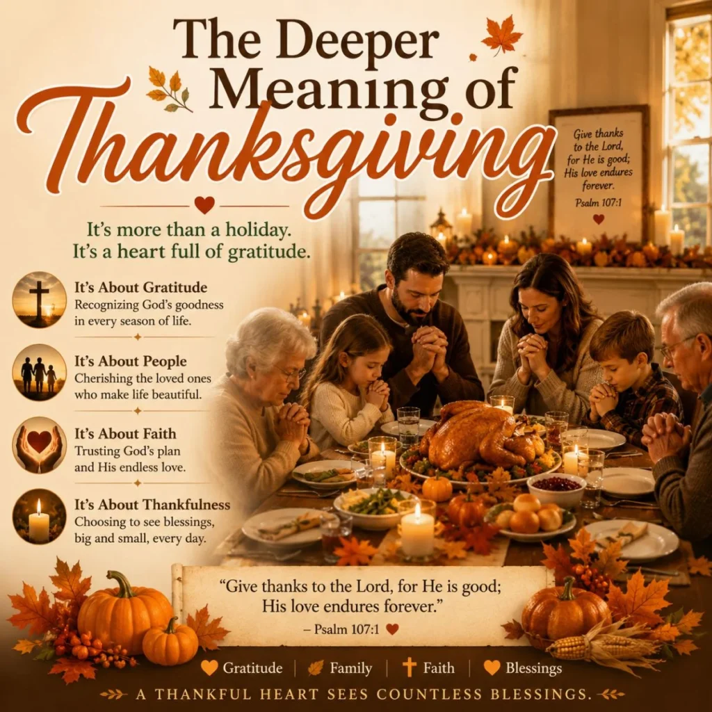 Family gathered in prayer at Thanksgiving, celebrating gratitude, faith, and togetherness around a festive dinner table.