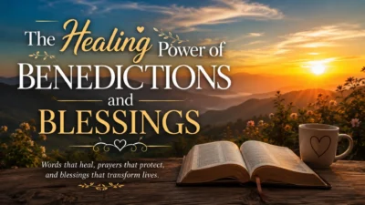 Inspirational sunrise with an open Bible illustrating the healing power of benedictions and blessings for hope and peace.