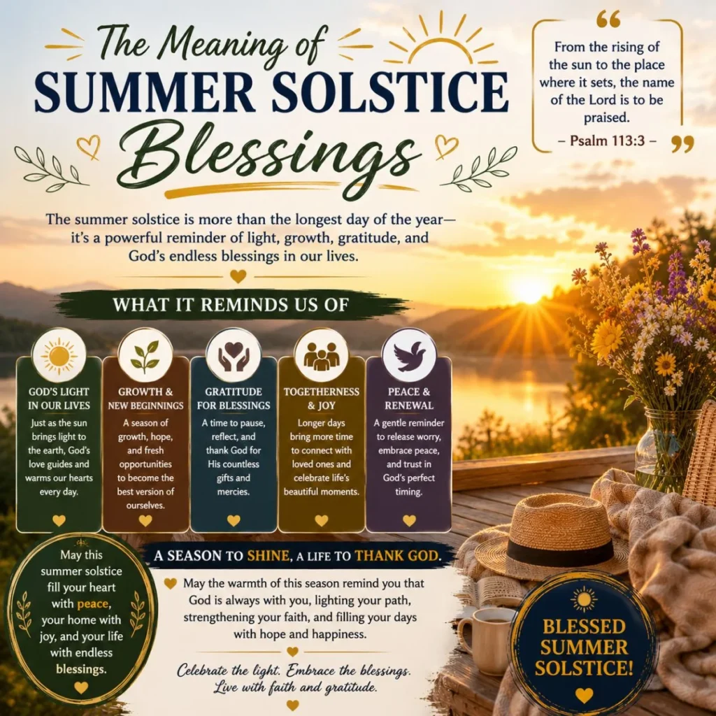 The Meaning of Summer Solstice Blessings with a peaceful sunrise, lake, wildflowers, and messages of faith and gratitude.