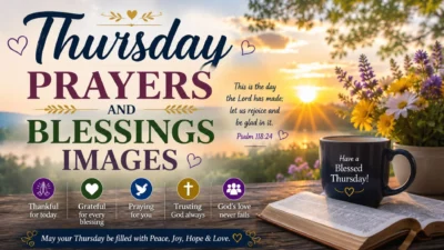 Thursday prayers and blessings images with sunrise, open Bible, flowers, and an uplifting morning blessing message