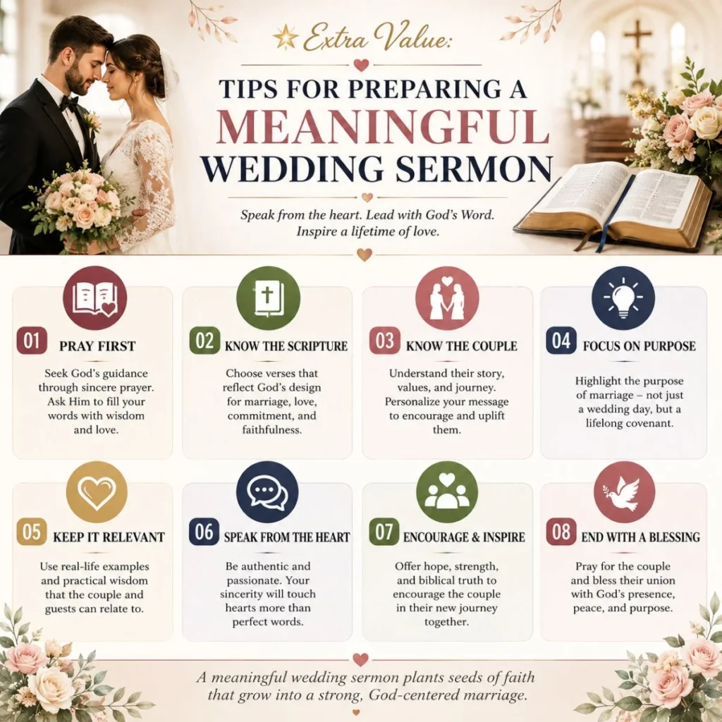 Meaningful wedding sermon tips infographic with biblical guidance, prayer, scripture, and marriage encouragement.