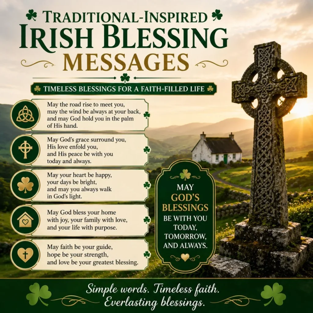Traditional-inspired Irish blessing messages with a Celtic cross and peaceful Irish countryside at sunset