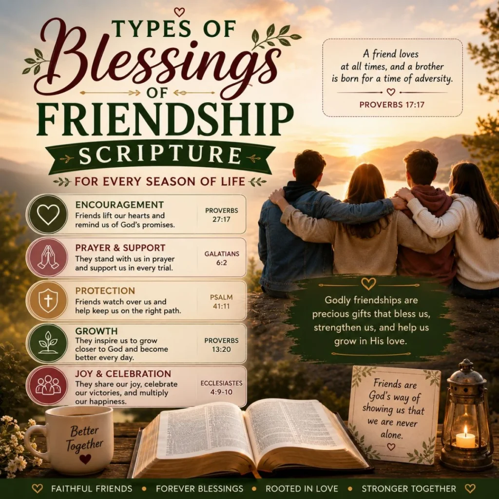 Types of blessings of friendship scripture with Bible, faithful friends, and Proverbs 17:17 at sunrise.