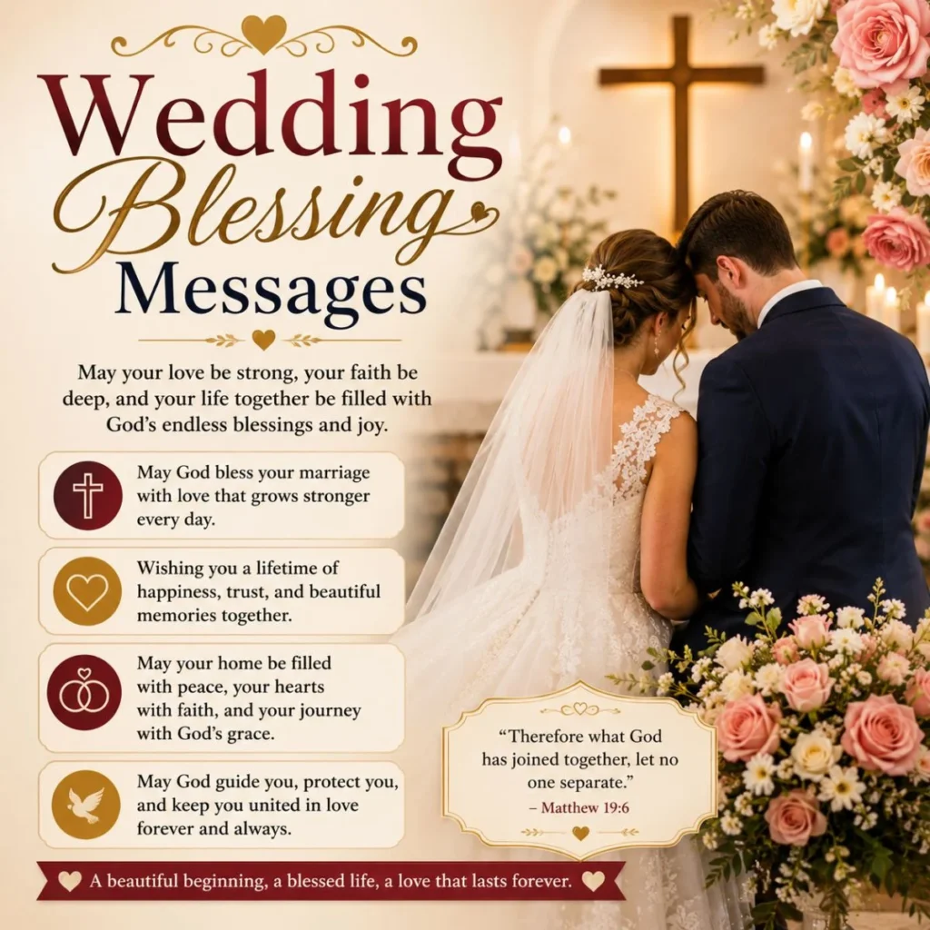 Christian wedding blessing messages for the bride and groom celebrating love, faith, and a lifelong marriage under God's grace.