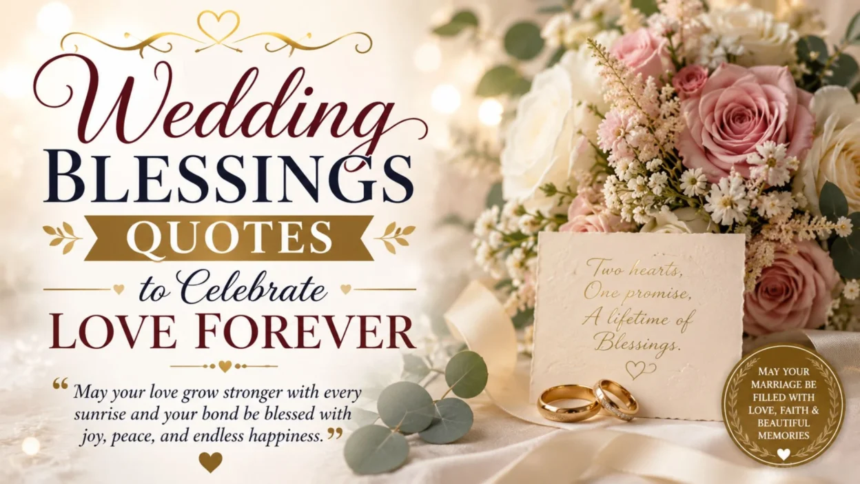 Elegant wedding blessings quotes design with roses, wedding rings, and heartfelt love message celebrating a lifelong marriage.