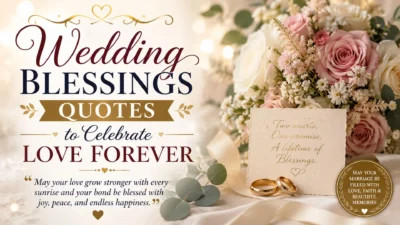 Elegant wedding blessings quotes design with roses, wedding rings, and heartfelt love message celebrating a lifelong marriage.