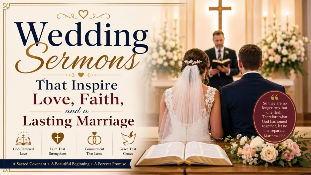 Christian wedding ceremony with bride and groom during inspiring wedding sermons about love, faith, and lasting marriage.