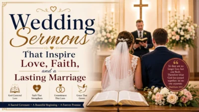 Christian wedding ceremony with bride and groom during inspiring wedding sermons about love, faith, and lasting marriage.