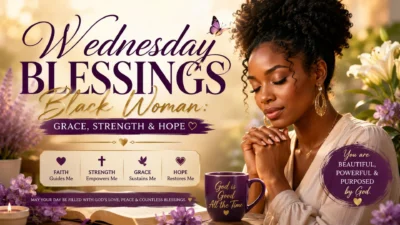Wednesday Blessings Black Woman praying with grace, strength, hope, Bible, flowers, and an uplifting faith-filled message.