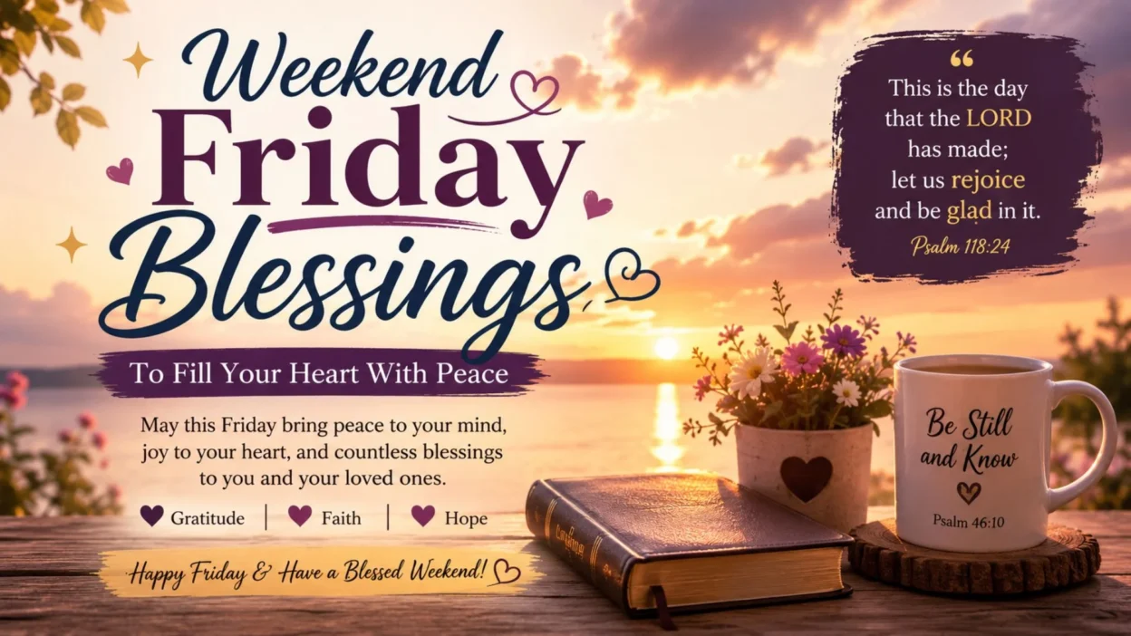 Weekend Friday blessings sunrise with Bible, coffee, flowers, and peaceful scripture inspiring faith, hope, and gratitude.