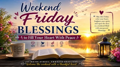 Weekend Friday blessings with a peaceful sunrise, open Bible, lantern, and inspiring message of hope, peace, and gratitude.