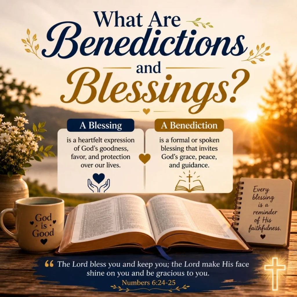 Illustration explaining what are benedictions and blessings with an open Bible, sunrise, and inspirational faith message.