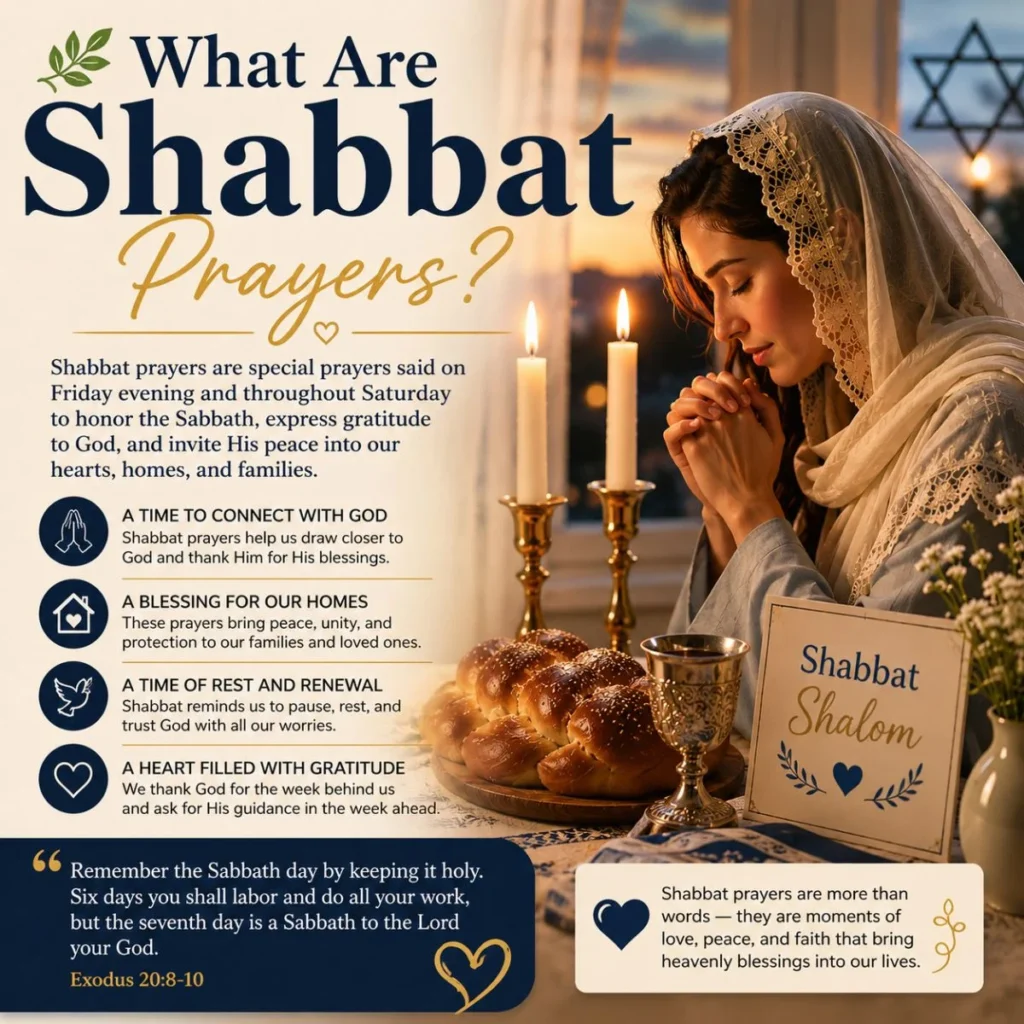Woman praying during Shabbat beside candles and challah, illustrating what Shabbat prayers mean and their spiritual purpose.