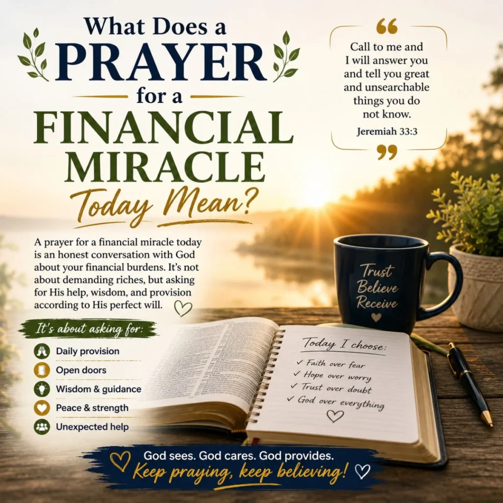 What does a prayer for a financial miracle today mean? Bible, sunrise, and faith-filled message about God's provision.