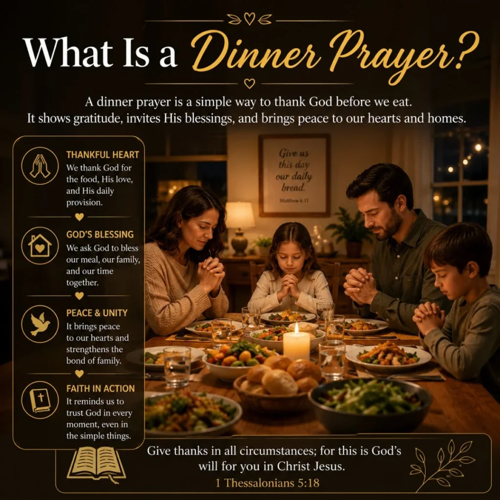 What is a dinner prayer? Family praying before a meal with gratitude, faith, and God's blessings at the dinner table.