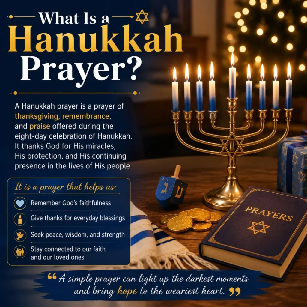 What is a Hanukkah prayer? A glowing menorah symbolizes faith, gratitude, hope, and God's light during Hanukkah.