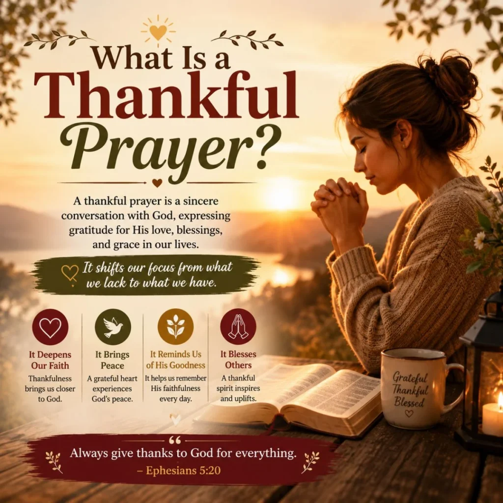 What is a thankful prayer? Woman praying beside an open Bible at sunrise with a message about gratitude and God's blessings