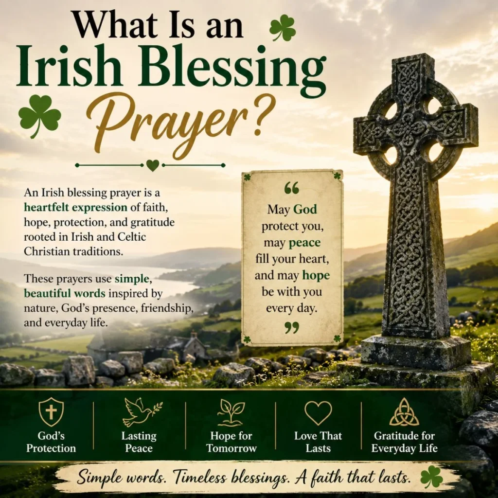 What is an Irish blessing prayer? Celtic cross with an inspiring Irish blessing in a peaceful countryside landscape