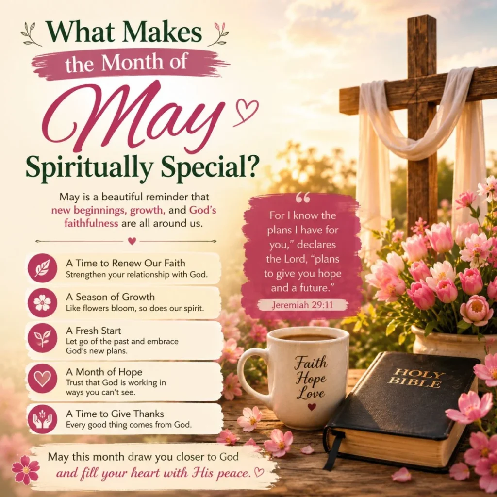 What Makes the Month of May Spiritually Special with cross, Bible, spring flowers, and faith-filled message of hope.