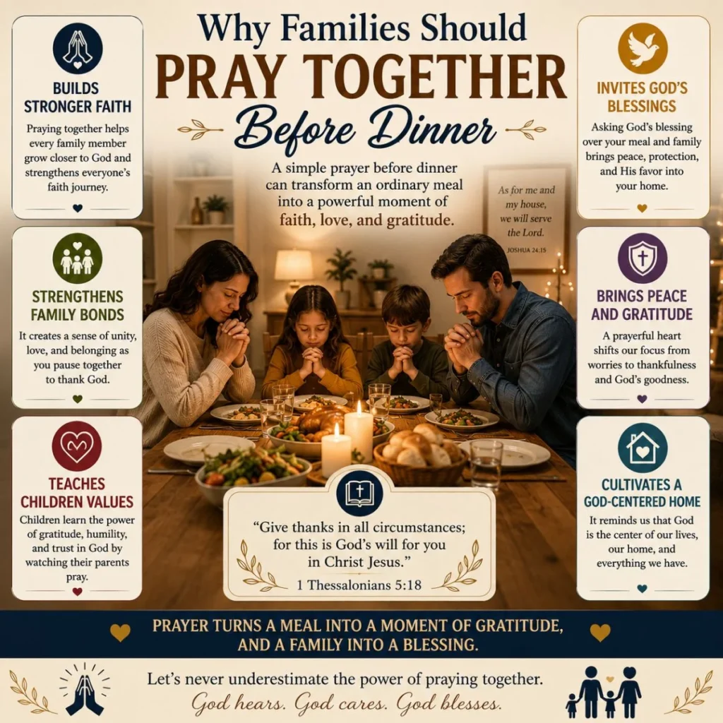 Why families should pray together before dinner, sharing gratitude and faith around the dinner table before a meal.