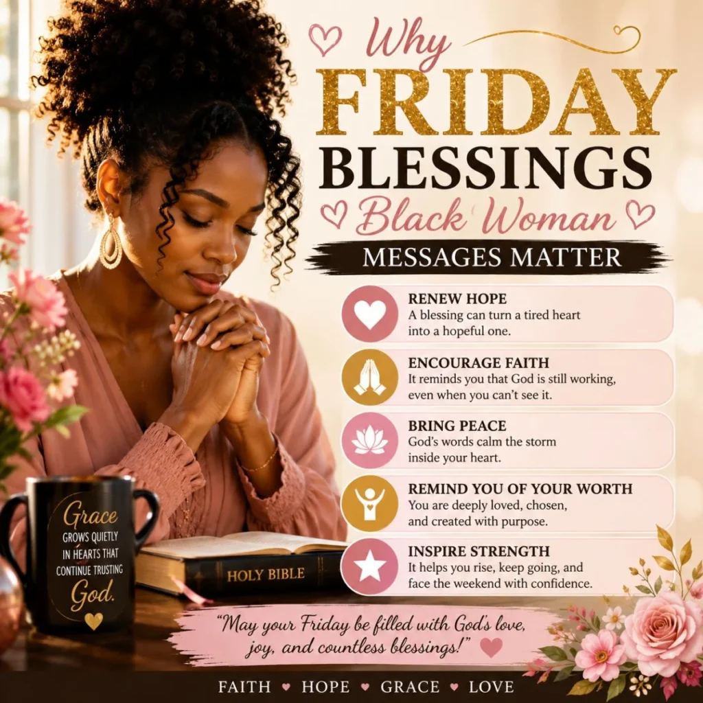 Black woman praying with Bible, showing why Friday blessings bring faith, hope, peace, and strength through God's grace.