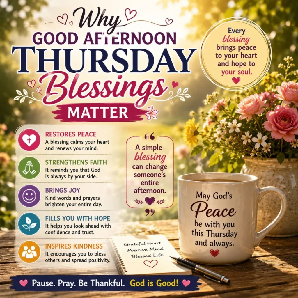 Good afternoon Thursday blessings with peaceful flowers, coffee, prayer, and an uplifting message of faith, hope, and gratitude.