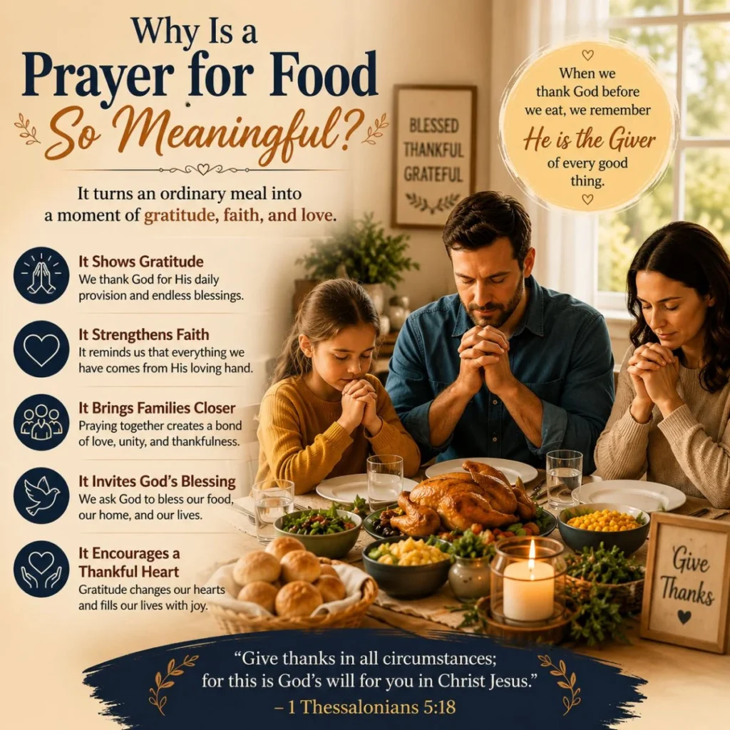 Family saying a prayer for food before dinner, showing gratitude, faith, and the meaning of giving thanks to God.
