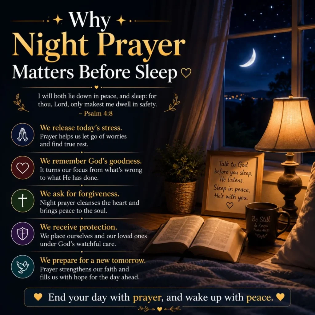 Why night prayer matters before sleep with a Bible, bedside lamp, moonlit window, and peaceful bedtime reflection.