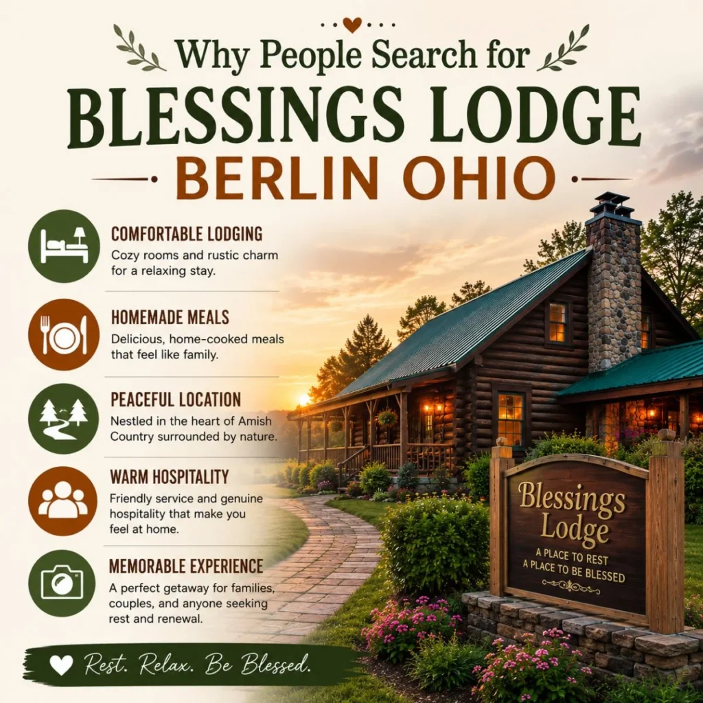 Why people search for Blessings Lodge Berlin Ohio featuring a cozy lodge, peaceful Amish Country, and warm hospitality
