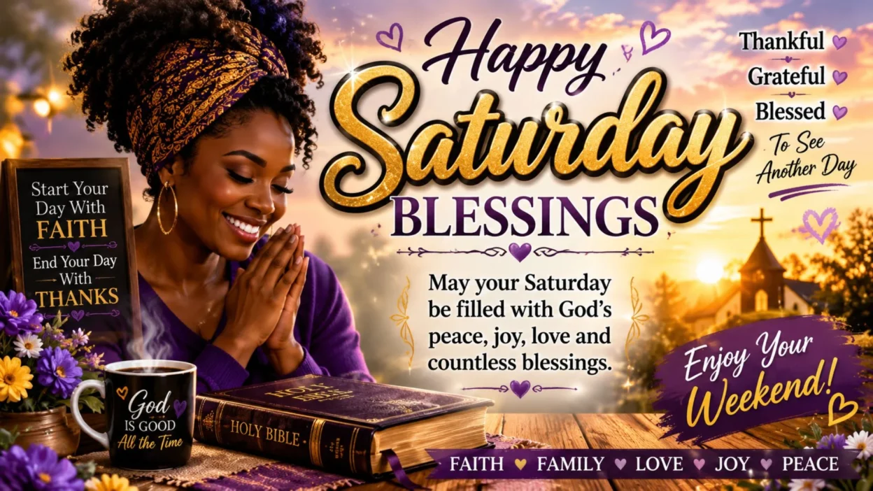 African American Saturday blessings GIF with a woman praying, Bible, flowers, sunrise, and faith message