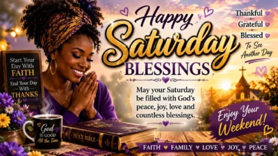 African American Saturday blessings GIF with a woman praying, Bible, flowers, sunrise, and faith message