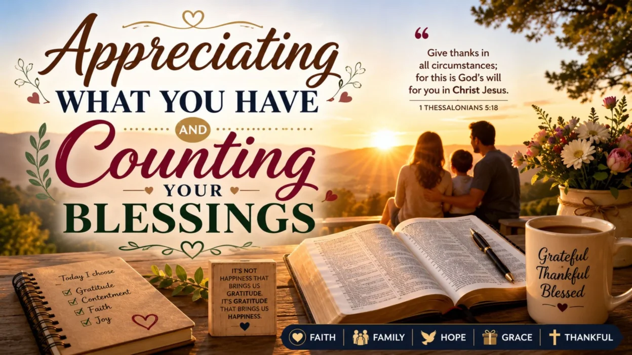 Appreciating what you have and counting your blessings with Bible, family, sunrise, and gratitude