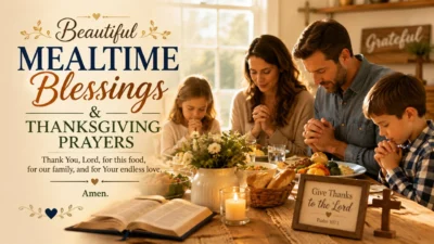 Family saying a prayer before meal around the dinner table with Bible, candle, and thankful hearts in a warm Christian home