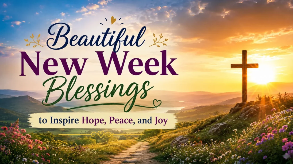 Beautiful new week blessings sunrise landscape with a wooden cross, blooming flowers, and inspiring hope, peace, and joy