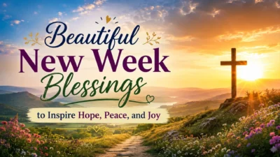 Beautiful new week blessings sunrise landscape with a wooden cross, blooming flowers, and inspiring hope, peace, and joy
