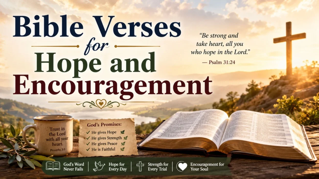 Bible verses for hope and encouragement with an open Bible, sunrise, cross, and Psalm 31:24