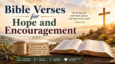 Bible verses for hope and encouragement with an open Bible, sunrise, cross, and Psalm 31:24