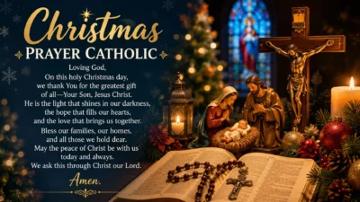 Christmas Prayer Catholic banner featuring the Nativity, crucifix, Bible, rosary, candles, and festive Christmas décor.