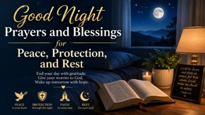 Good night prayers and blessings for peace, protection, faith, and restful sleep with an open Bible
