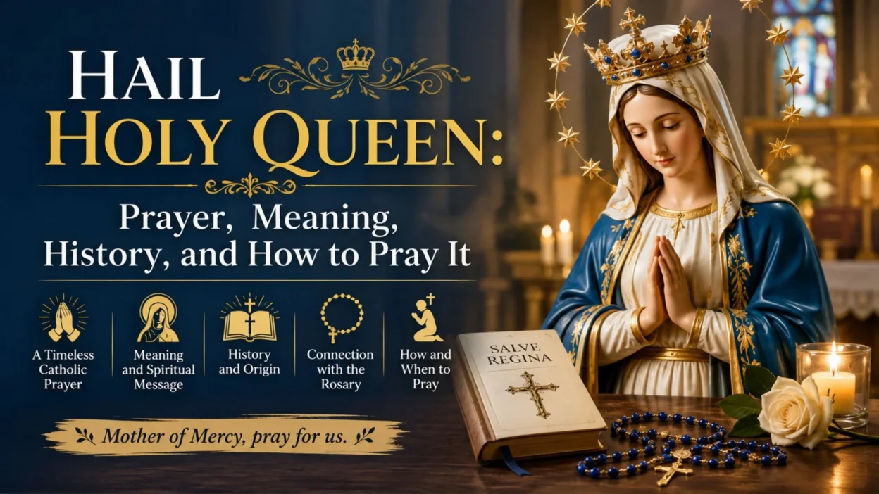 Hail Holy Queen prayer with Virgin Mary, Rosary, candles, and Catholic devotional setting