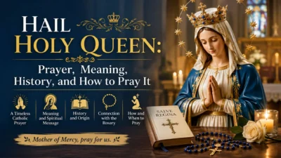 Hail Holy Queen prayer with Virgin Mary, Rosary, candles, and Catholic devotional setting