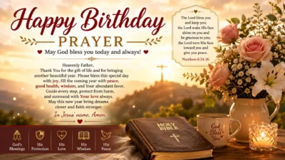 Happy Birthday Prayer with Bible, flowers, sunrise, and heartfelt Christian birthday blessings for a joyful celebration.