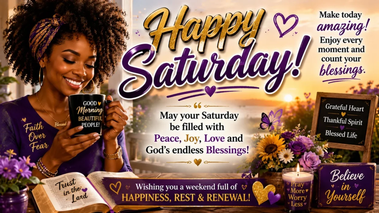 Happy Saturday African American GIF with a smiling Black woman, Bible, flowers, sunrise, and blessings