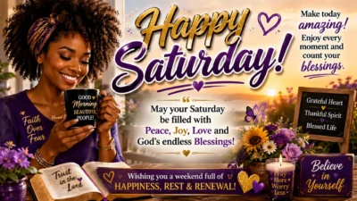 Happy Saturday African American GIF with a smiling Black woman, Bible, flowers, sunrise, and blessings