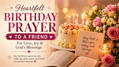 Heartfelt birthday prayer to a friend with birthday cake, Bible, flowers, and blessing card celebrating God's love and joy.