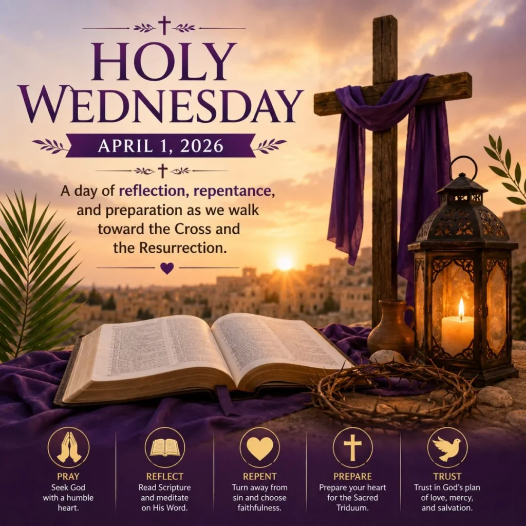 Holy Wednesday April 1 2026 with a cross, Bible, candle, and prayerful reflection
