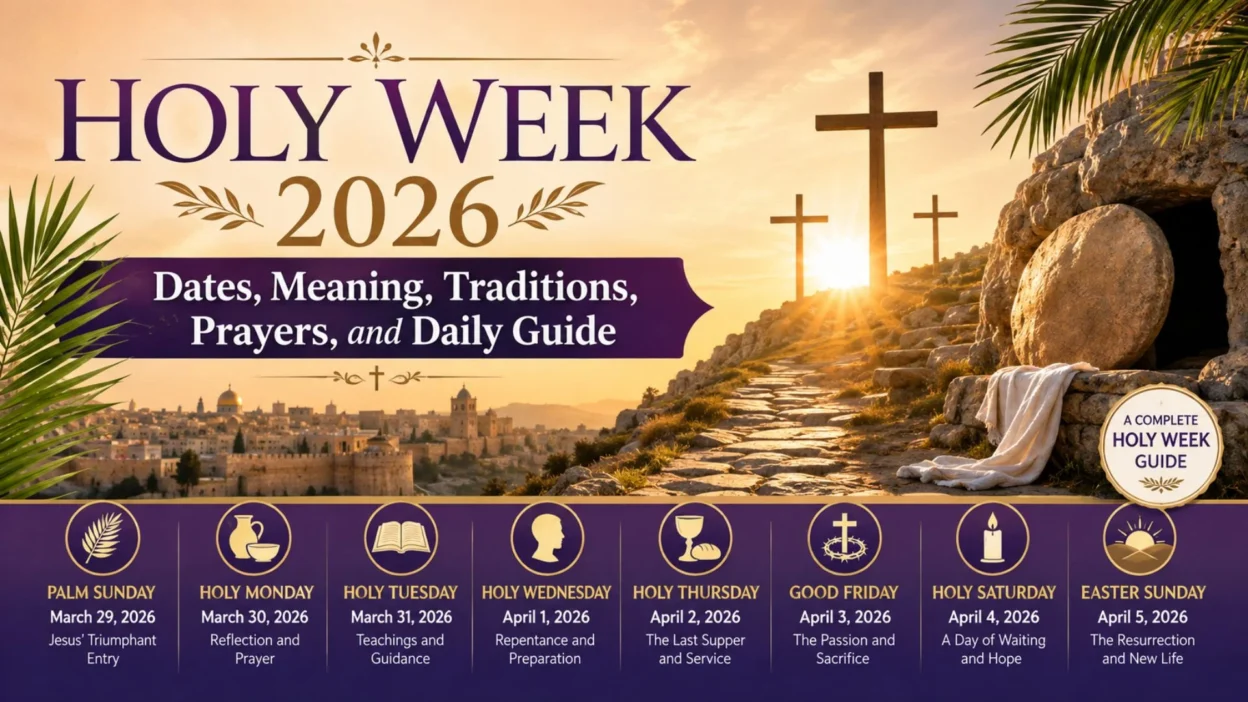 Holy Week 2026 dates, traditions, prayers, and daily Christian guide with cross and Easter sunrise