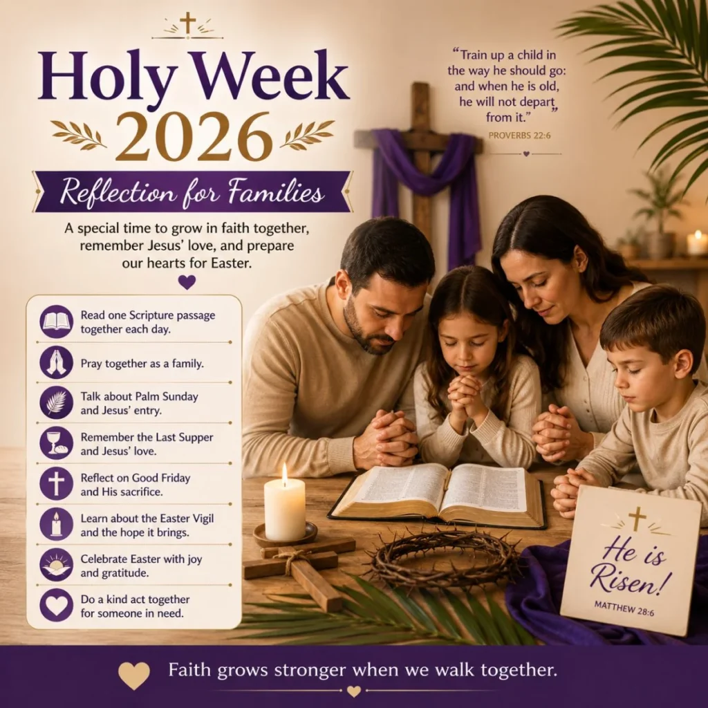 Holy Week 2026 family reflection with parents and children praying around an open Bible